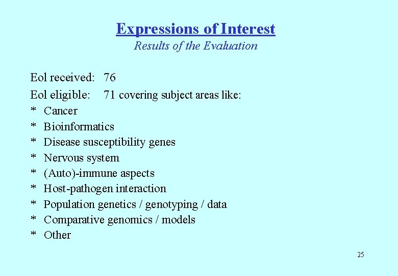 Expressions of Interest Results of the Evaluation Eol received: 76 Eol eligible: 71 covering