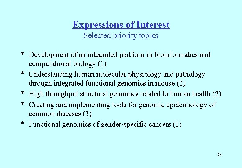 Expressions of Interest Selected priority topics * Development of an integrated platform in bioinformatics