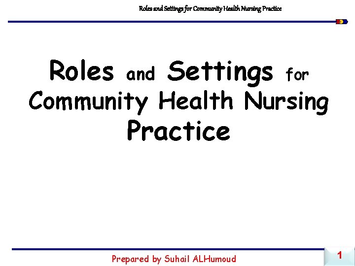 Roles and Settings for Community Health Nursing Practice Prepared by Suhail ALHumoud 1 