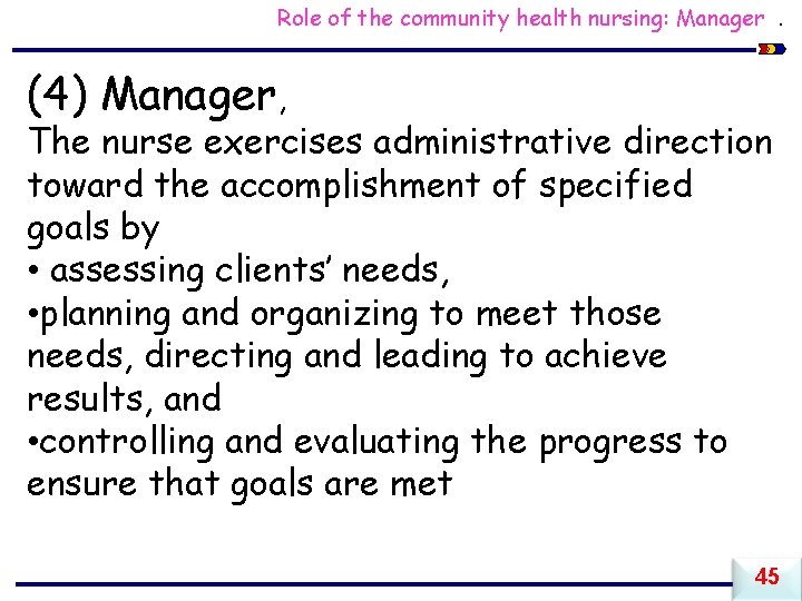 Role of the community health nursing: Manager. (4) Manager, The nurse exercises administrative direction