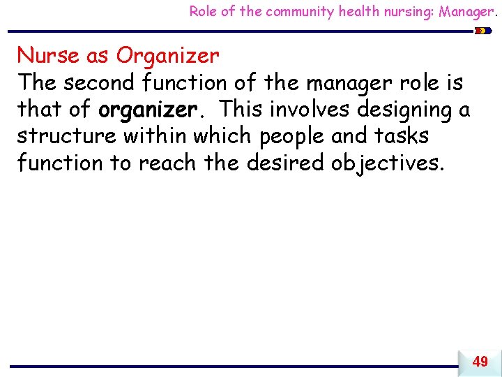 Role of the community health nursing: Manager. Nurse as Organizer The second function of