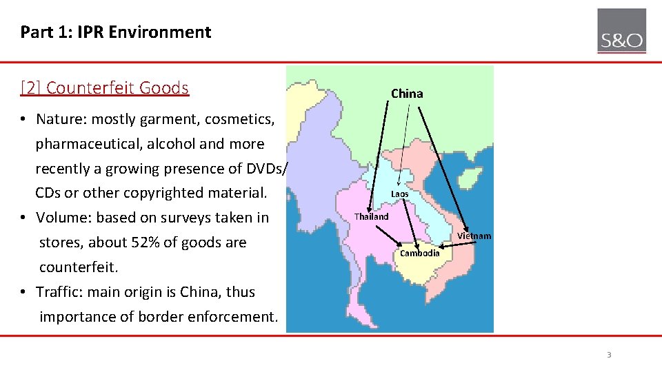 Part 1: IPR Environment [2] Counterfeit Goods • Nature: mostly garment, cosmetics, pharmaceutical, alcohol