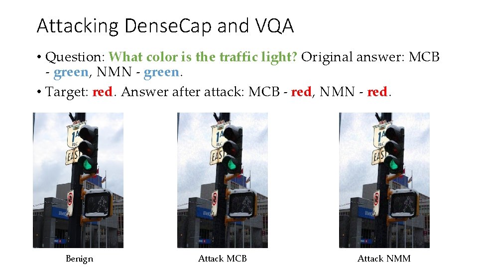 Attacking Dense. Cap and VQA • Question: What color is the traffic light? Original