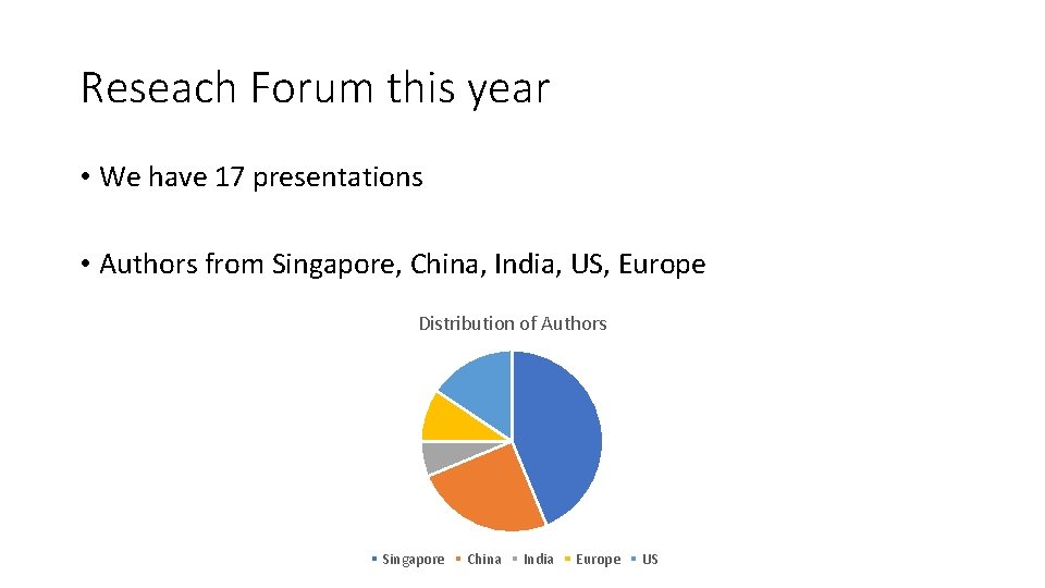 Reseach Forum this year • We have 17 presentations • Authors from Singapore, China,