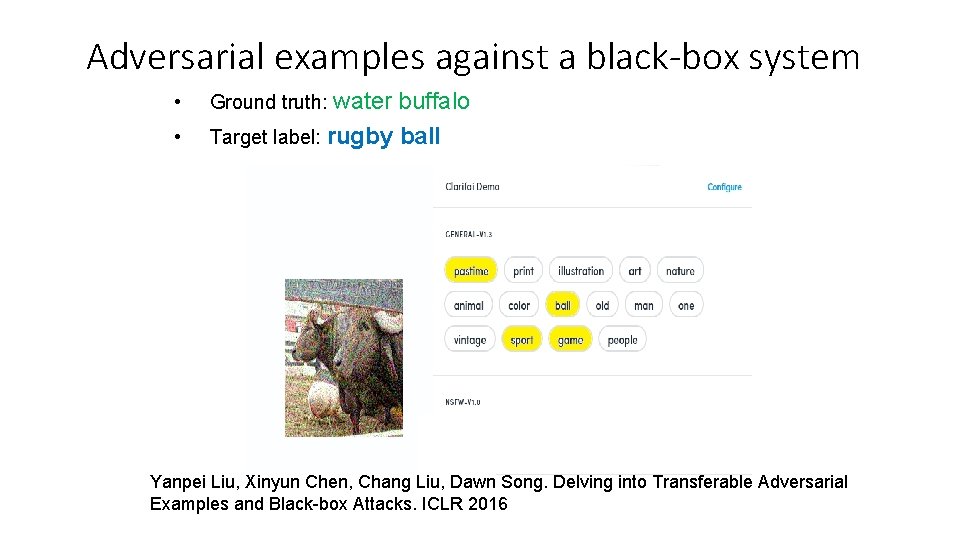 Adversarial examples against a black-box system • Ground truth: water buffalo • Target label: