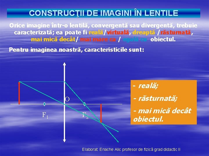 CONSTRUCŢII DE IMAGINI ÎN LENTILE Orice imagine într-o lentilă, convergentă sau divergentă, trebuie caracterizată;