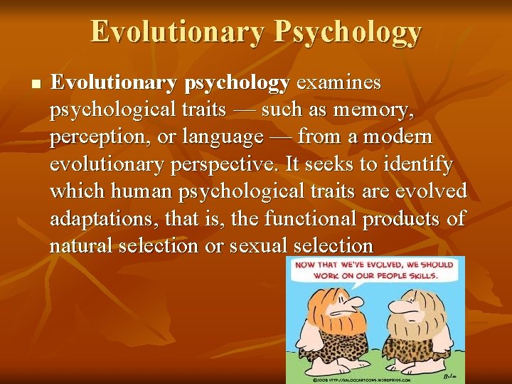 Evolutionary Psychology n Evolutionary psychology examines psychological traits — such as memory, perception, or