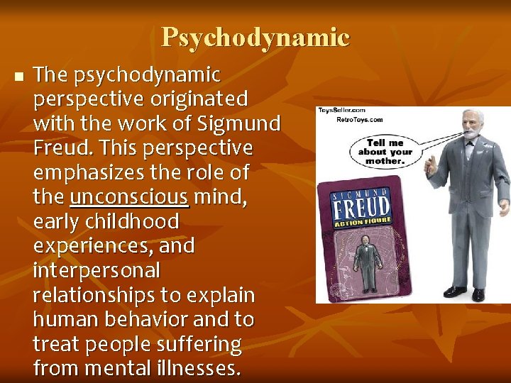 Psychodynamic n The psychodynamic perspective originated with the work of Sigmund Freud. This perspective