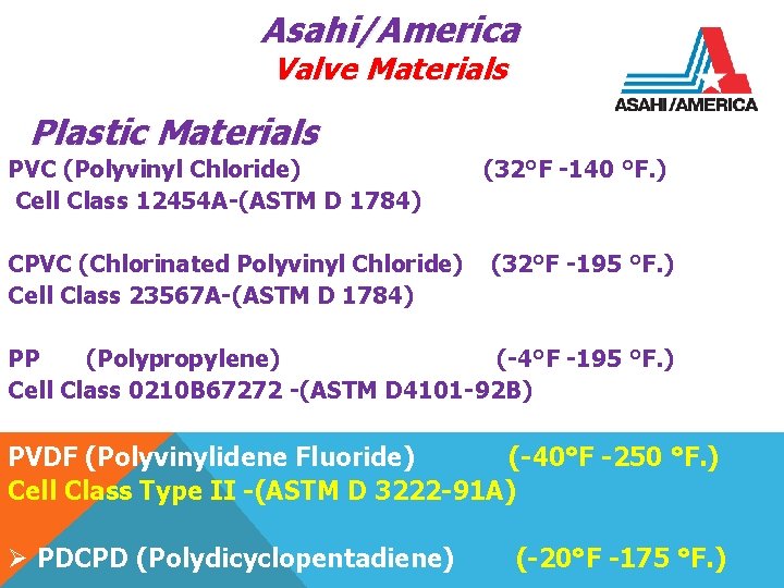 Asahi/America Valve Materials Plastic Materials PVC (Polyvinyl Chloride) Cell Class 12454 A-(ASTM D 1784)