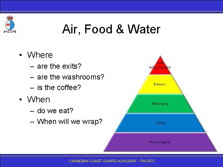Air, Food & Water • Where – are the exits? – are the washrooms?