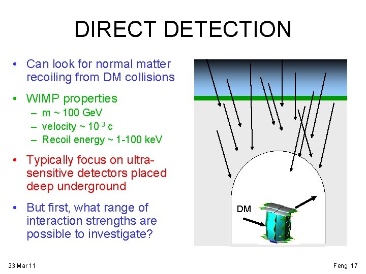DIRECT DETECTION • Can look for normal matter recoiling from DM collisions • WIMP
