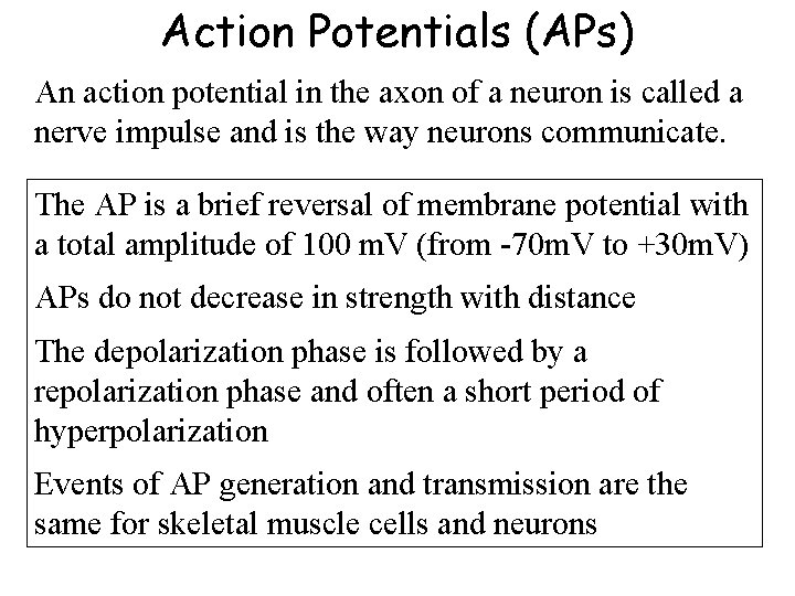 Action Potentials (APs) An action potential in the axon of a neuron is called