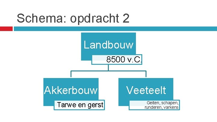 Schema: opdracht 2 Landbouw 8500 v. C. Akkerbouw Tarwe en gerst Veeteelt Geiten, schapen,