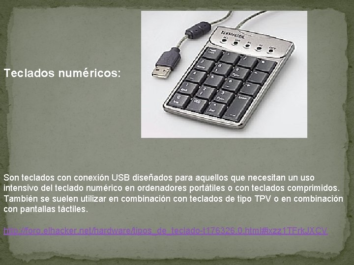 Teclados numéricos: Son teclados conexión USB diseñados para aquellos que necesitan un uso intensivo