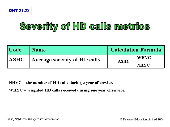 OHT 21. 28 Code Name ASHC Average severity of HD calls Calculation Formula WHYC