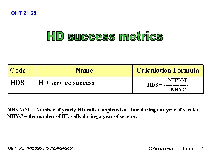 OHT 21. 29 Code HDS Name HD service success Calculation Formula NHYOT HDS =