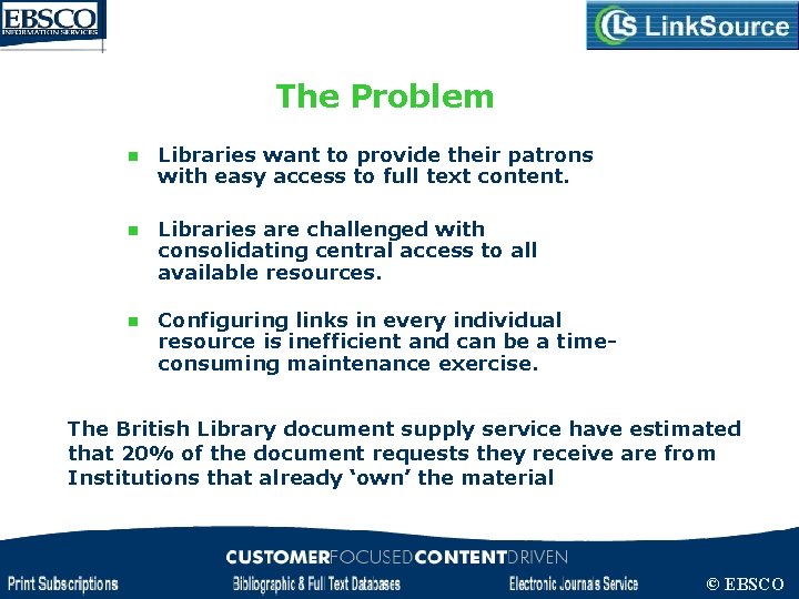 The Problem n Libraries want to provide their patrons with easy access to full