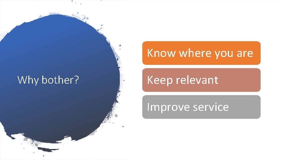 Know where you are Why bother? Keep relevant Improve service 