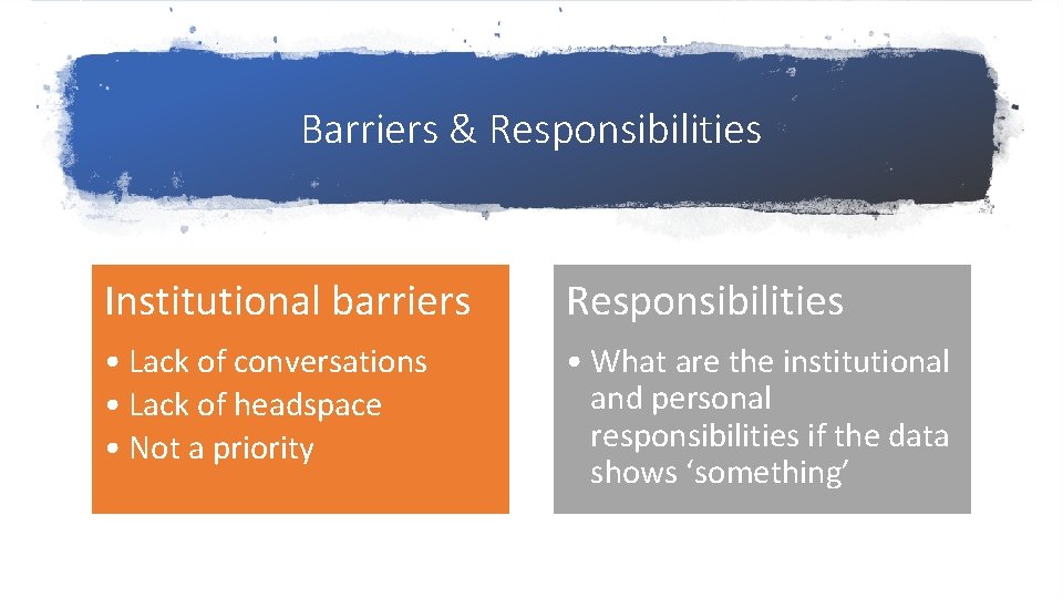 Barriers & Responsibilities Institutional barriers Responsibilities • Lack of conversations • Lack of headspace