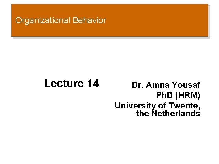 Organizational Behavior Lecture 14 Dr. Amna Yousaf Ph. D (HRM) University of Twente, the