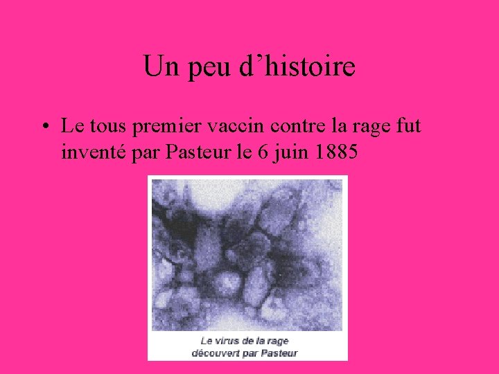 Un peu d’histoire • Le tous premier vaccin contre la rage fut inventé par