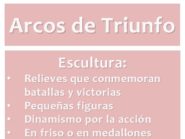 Arcos de Triunfo Arquitectura: Escultura: • Podio • Relieves que conmemoran • Bóveda de Arcos de Triunfo Arquitectura: Escultura: • Podio • Relieves que conmemoran • Bóveda de