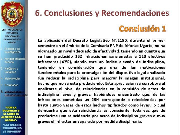 6. Conclusiones y Recomendaciones Conclusión 1 1. Problema de Investigación 2. Fundamentación Teórica 3.