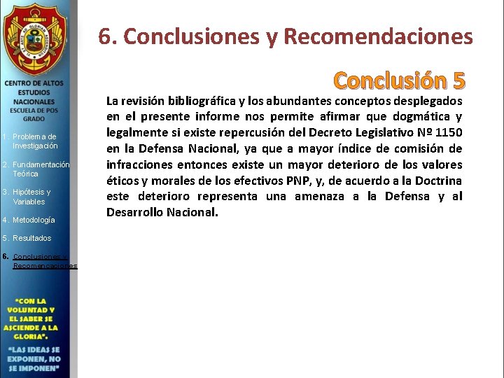 6. Conclusiones y Recomendaciones Conclusión 5 1. Problema de Investigación 2. Fundamentación Teórica 3.