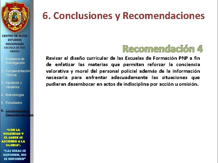 6. Conclusiones y Recomendaciones Recomendación 4 1. Problema de Investigación 2. Fundamentación Teórica 3.