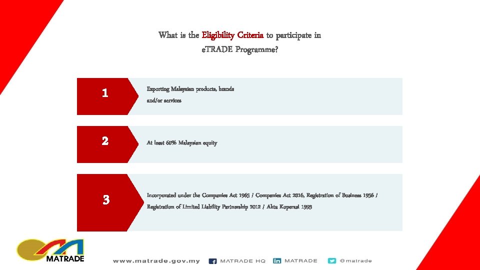 What is the Eligibility Criteria to participate in e. TRADE Programme? 1 Exporting Malaysian