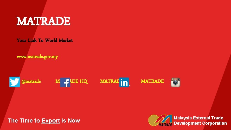 MATRADE Your Link To World Market www. matrade. gov. my @matrade MATRADE HQ The