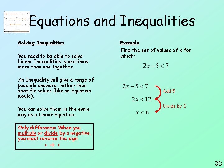 Equations and Inequalities Solving Inequalities You need to be able to solve Linear Inequalities,