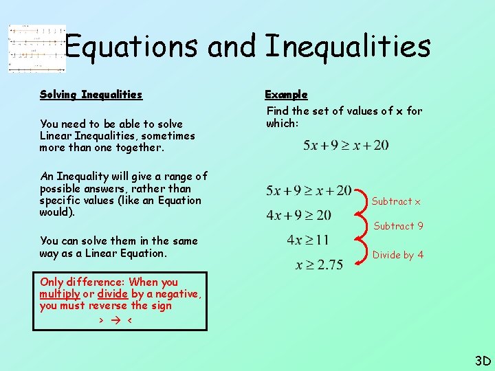 Equations and Inequalities Solving Inequalities You need to be able to solve Linear Inequalities,