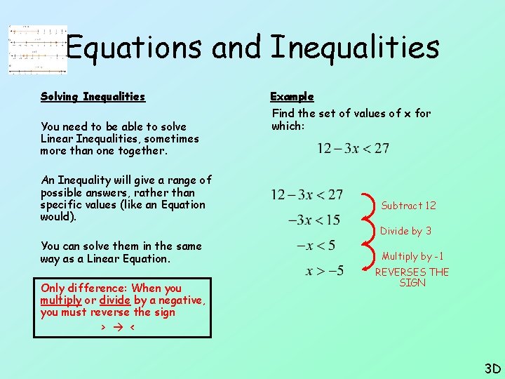 Equations and Inequalities Solving Inequalities You need to be able to solve Linear Inequalities,