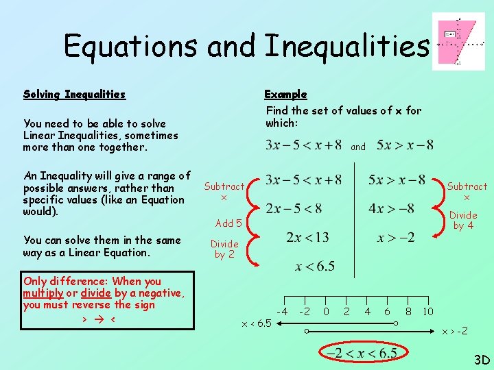 Equations and Inequalities Solving Inequalities Example Find the set of values of x for