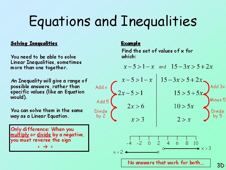 Equations and Inequalities Solving Inequalities Example Find the set of values of x for