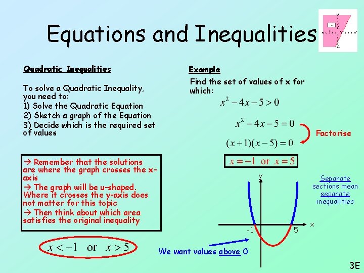 Equations and Inequalities Quadratic Inequalities To solve a Quadratic Inequality, you need to: 1)