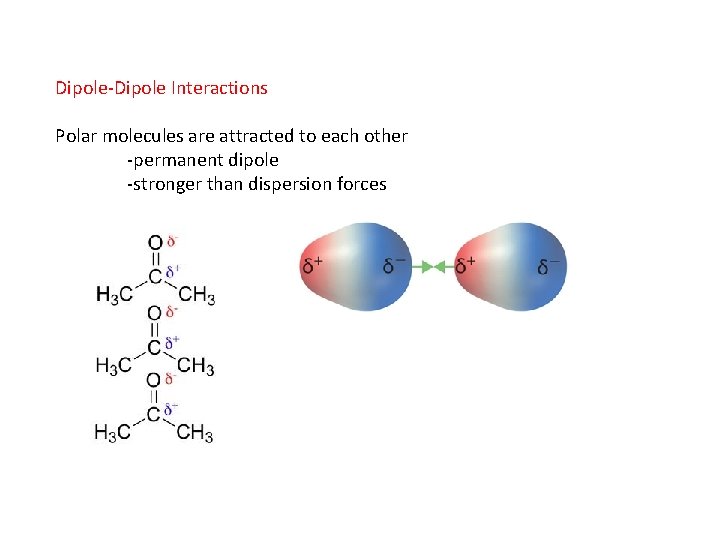 Dipole-Dipole Interactions Polar molecules are attracted to each other -permanent dipole -stronger than dispersion