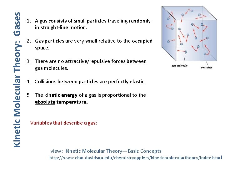 Kinetic Molecular Theory: Gases 1. A gas consists of small particles traveling randomly in