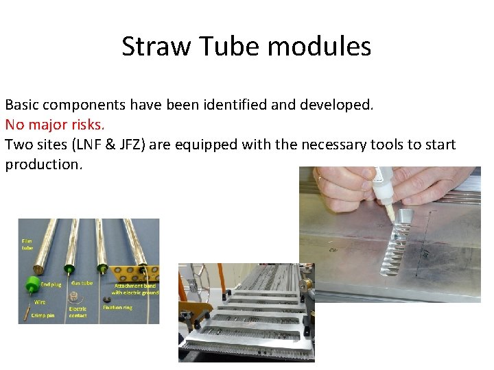 Straw Tube modules Basic components have been identified and developed. No major risks. Two