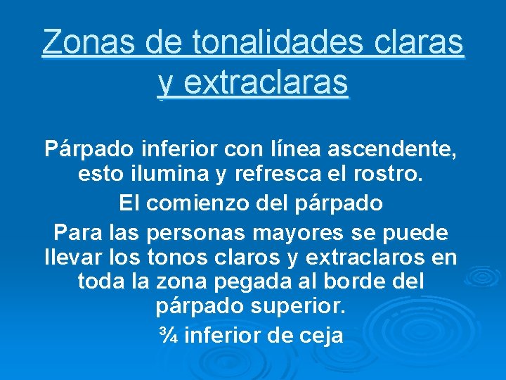 Zonas de tonalidades claras y extraclaras Párpado inferior con línea ascendente, esto ilumina y