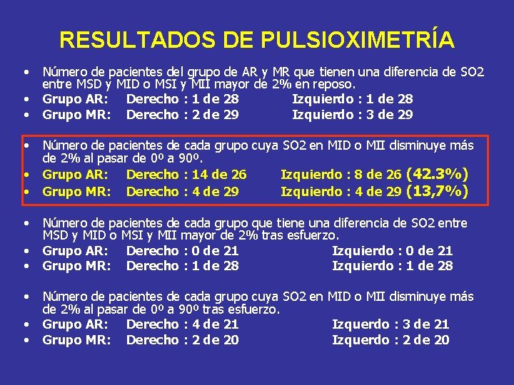 RESULTADOS DE PULSIOXIMETRÍA • • • Número de pacientes del grupo de AR y