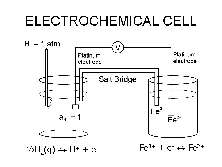 ELECTROCHEMICAL CELL ½H 2(g) H+ + e- Fe 3+ + e- Fe 2+ 