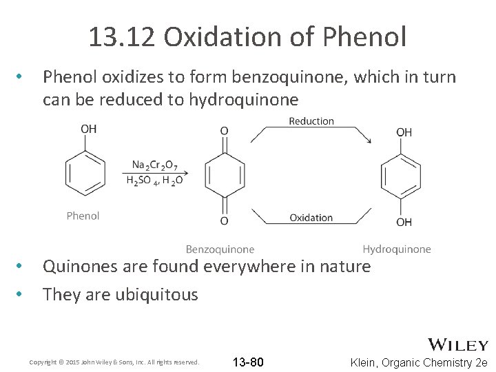 13. 12 Oxidation of Phenol • Phenol oxidizes to form benzoquinone, which in turn