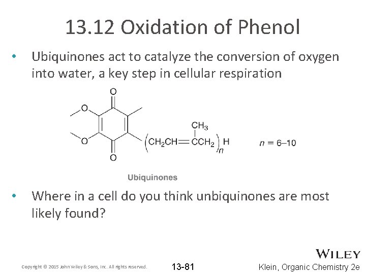 13. 12 Oxidation of Phenol • Ubiquinones act to catalyze the conversion of oxygen