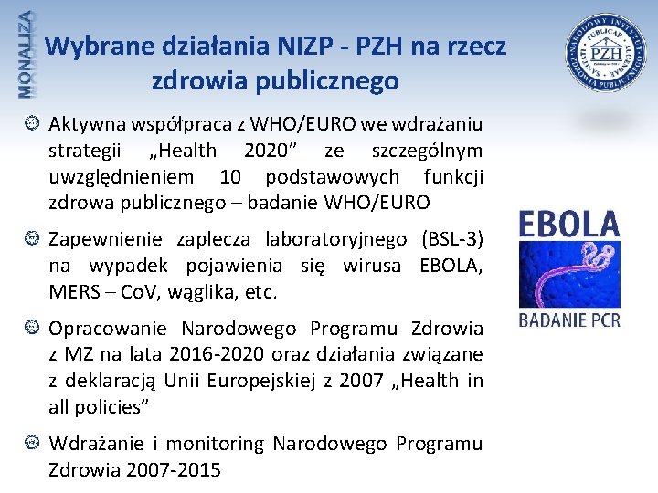 Wybrane działania NIZP - PZH na rzecz zdrowia publicznego Aktywna współpraca z WHO/EURO we