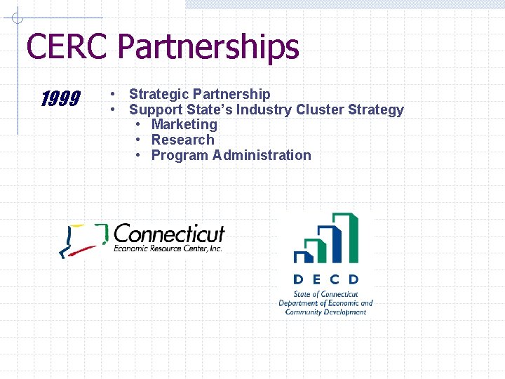 CERC Partnerships 1999 • Strategic Partnership • Support State’s Industry Cluster Strategy • Marketing