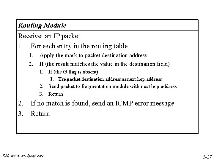 Routing Module Receive: an IP packet 1. For each entry in the routing table Routing Module Receive: an IP packet 1. For each entry in the routing table