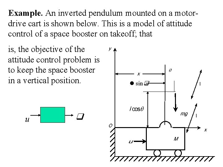 Example. An inverted pendulum mounted on a motordrive cart is shown below. This is