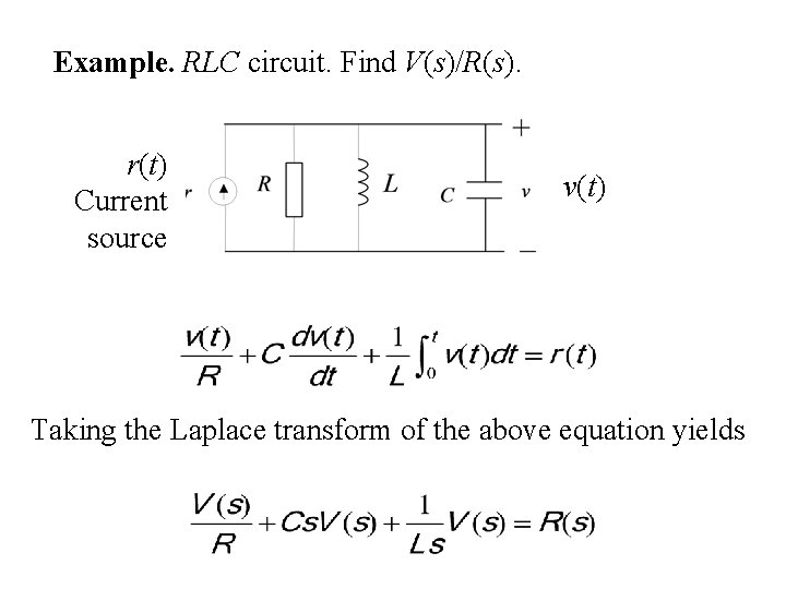 Example. RLC circuit. Find V(s)/R(s). r(t) Current source v(t) Taking the Laplace transform of